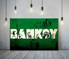 BANKSY MONTAGE -DEEP FRAMED CANVAS WALL ART GRAFFITI PRINT- BLACK GREEN