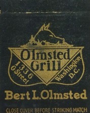 Vintage matchbook cover Olmstead Grill Bert Washington DC.      C