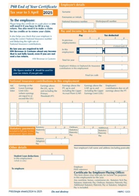 P60 Formulare 10 Formulare für 2024/25 Salbei Iris/TAS Gehaltsabrechnung Brandneu Hochwertig