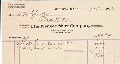 U.S. The Pioneer Shirt Company Wichita Kans1904 Cut to fit Hemden Quittung 39359
