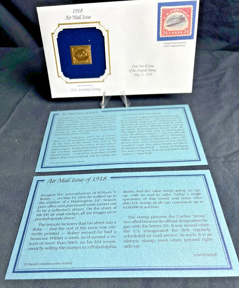 1918 Air Mail Issue 24c Inverted Jenny First Day Of Issue 22k Gold Stamp Replica - Image 3 of 4