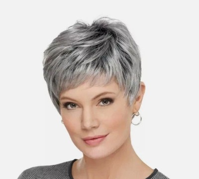 Short Layered Pixie Cut Dark Roots Gray Synthetic Hair Wigs For Women Natural US