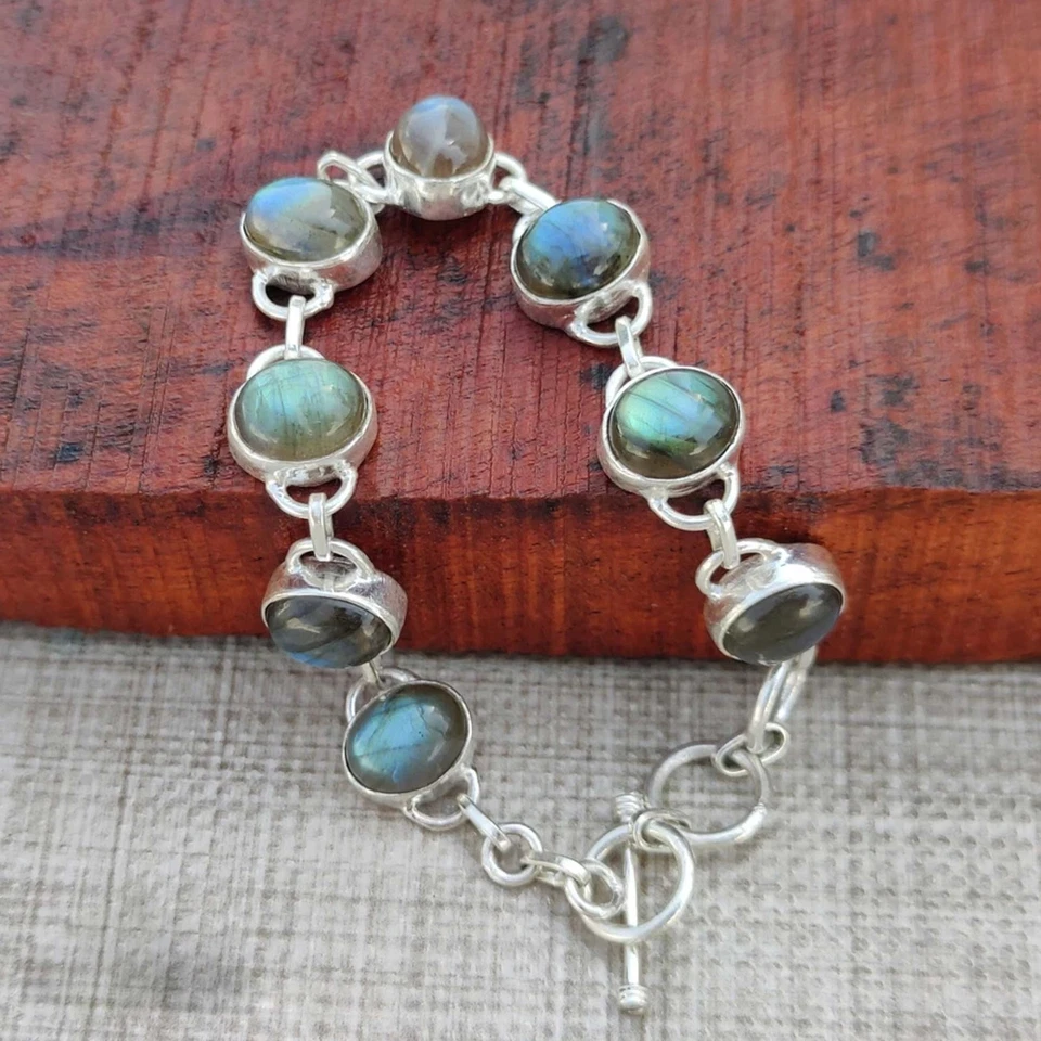 Natural Labradorite Bracelet 925 Sterling Silver Handmade Oval Stone Jewelry h49 - Image 4 of 4