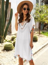 Summery White & Black Chiffon Tassel Beach Dress with Fringe Up Yellow Beachwear
