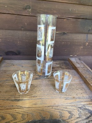 MCM glass cocktail mixer 2 shot glasses white gold toned square floral pattern