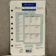 Franklin Covey Menu Planner Shopping List Pages 5.5"X8.5" Classic 50 Sheets NEW