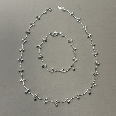 Modernist Silver Tone 16  Necklace 7.5  Bracelet Set Ball And Stem Links