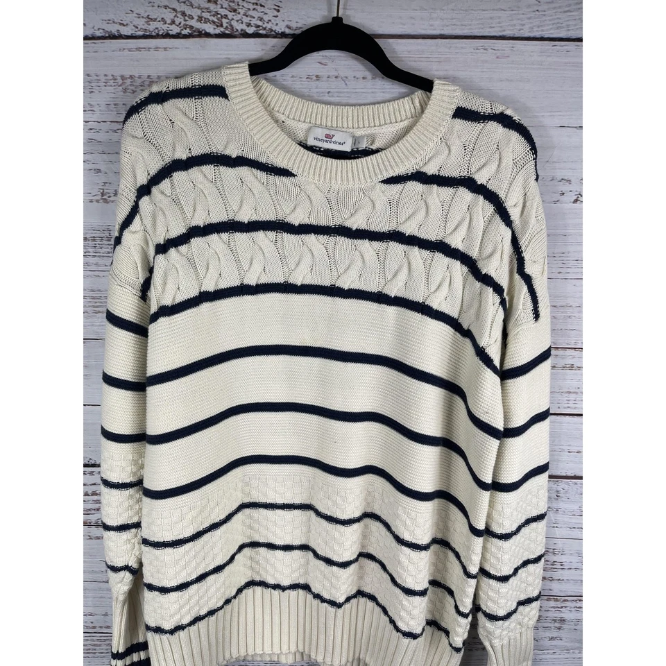 Suéter para mujer Vineyard Vines grande marfil azul marino a rayas tejido con cable Foto 3 de 4