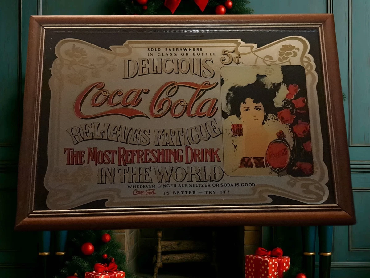 Specchio antico Coca-Cola – Pannello pubblicitario in stile Art Nouveau con cornice in legno (±1900) | €270