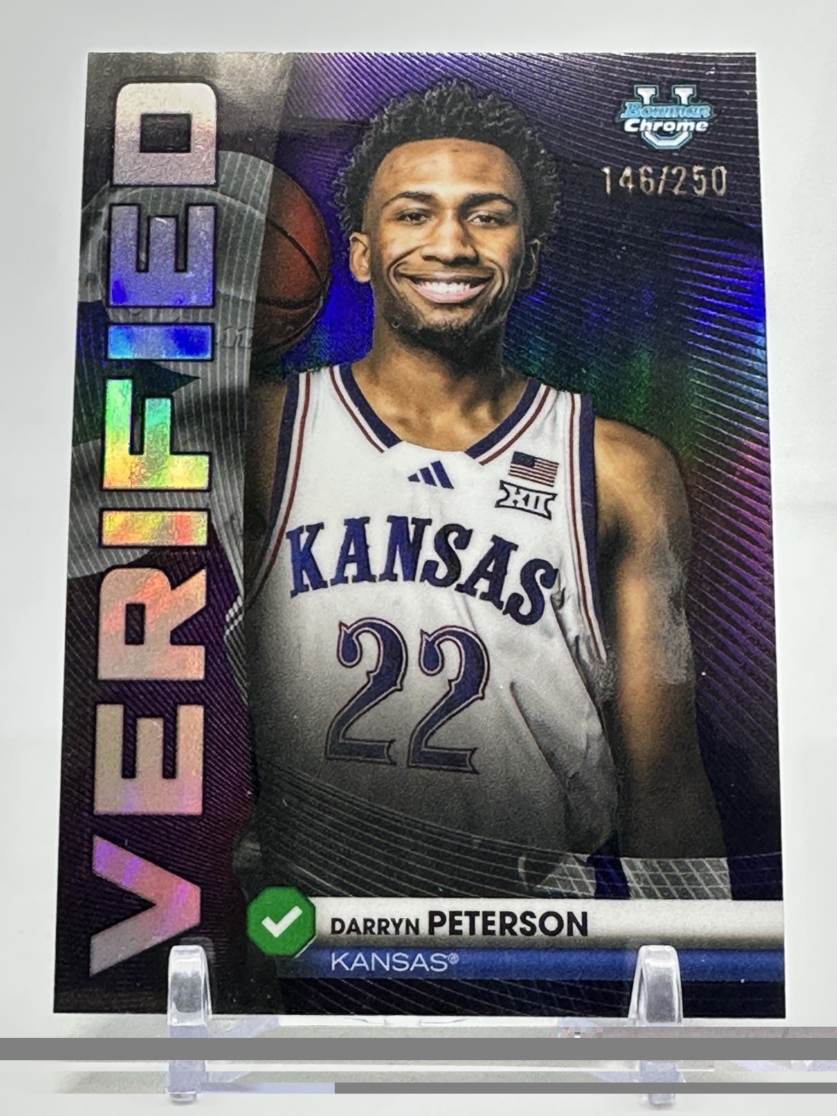 2025-26 Bowman Darryn Peterson Chrome Verified Purple Refractor #/250 Jayhawks