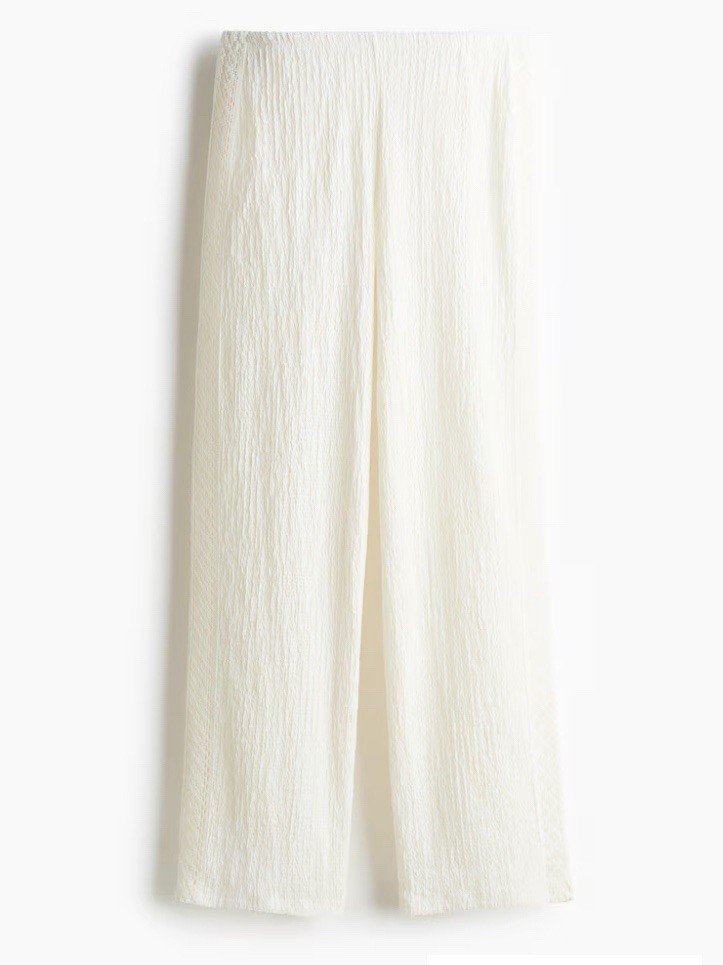 NWT H&M Neutral Cream Crinkle Lightweight Pull On Pants High Waist Elastic M