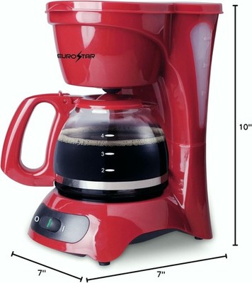 EUROSTAR ECM621R 4 Cup Drip Coffee Maker Red Glass Carafe 650W Compact