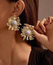 White Pearl Flower Earrings Statement Drop Stud Wedding Bridal Prom Pageant