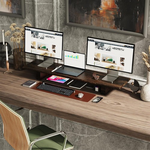 "WEGASTU Solid Wood Rustic Desk Monitor Stand with Storage,Large Dual Nature - 第 2/9 張圖片