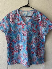 Just Be Medical Uniform Scrub Top, 2 Pockets Blue Floral Short Sleeve Size M Med