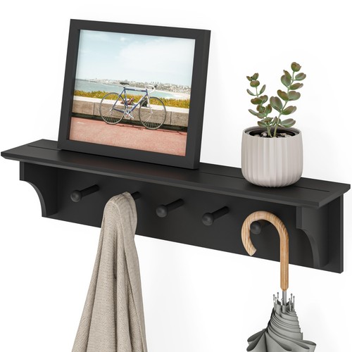 Ballucci Floating Coat and Hat Wall Shelf Rack, 5 Pegs Hook, 24", Black - Picture 8 of 9