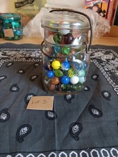  LOT 3 Antique clear ball mason jar wire Full of Marbles Toy Lot