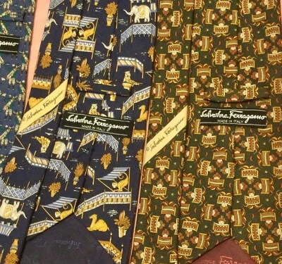 Salvatore Ferragamo LOT 10 Cravates en Soie Luxe-Couture-Made in Italy Bleu-Vert - Photo 1/4