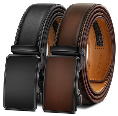 Men Belt 2 Pack Leather Ratchet Belt Easy Click Slide For Men 1 3/8''Cut for F...