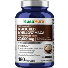 NusaPure Maca Root Black, Red, Yellow 20,000mg - 180 Vegan Capsules Non-GMO
