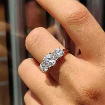 Lab Created Three Stone Diamond Engagement Ring 14K White Gold Plated  Ct