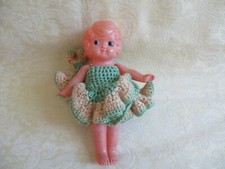 Vintage Japan SS 7" Celluloid Girl Kewpie Carnival Doll Wearing Crochet Dress