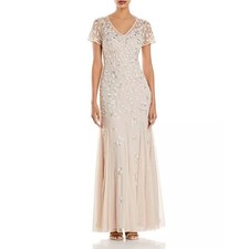 New Adrianna Papell Sz 10 Biscotti Beaded Godet Short Sleeve V-Neck Evening Gown