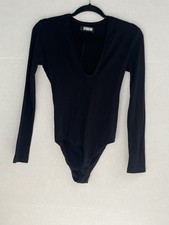Reformation Womens Bodysuit Black Knit Ribbed Long Sleeve V-Neck Pull On Size S