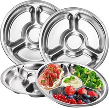 Set of 4 Stainless Steel Divided Plates, Portion Control Plates with 4 Sections,