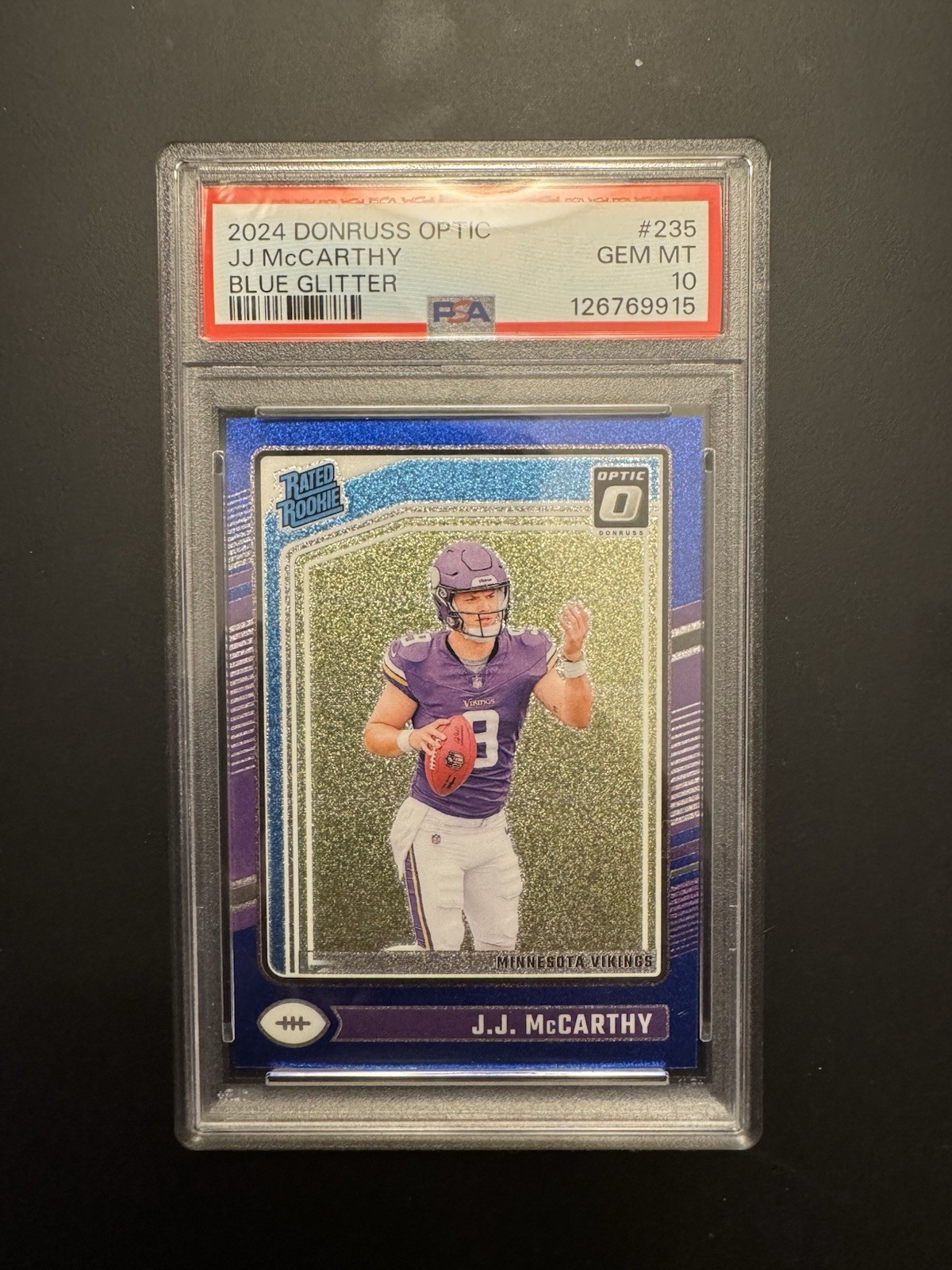 2024 Panini Donruss Optic JJ McCarthy #235 Blue Glitter PSA 10 CASE HIT