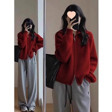 Lady Knitted Cardigan Sweater Coat Winter Warm Lapel Zipper Jacket Sweater Solid