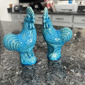 Antique Chinese export porcelain pair Turquoise roosters China Exc Cond Mud