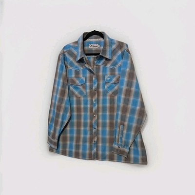 Cowgirl Hardware Western Snap Bottom Front Turquoise Gray Plaid Western Shirt
