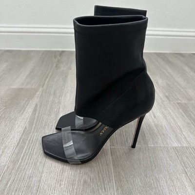 Stuart Weitzman Front Row Stretch Exposed Bootie 9.5 Black Leather Read Descript