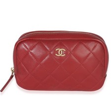 Chanel Red Quilted Lambskin CC Curvy Cosmetic Pouch