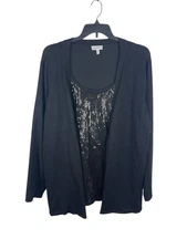 Fashion Bug Women’s 3X Black Attached Sequin Tank Top Cardigan Knit Sweater