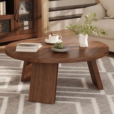 Wooden Round Coffee Table, Rustic Wooden Grain Center Table for Living Room