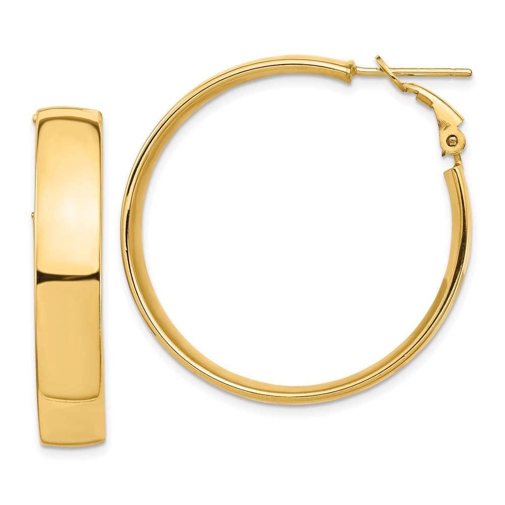 14K Yellow Gold High Polished 7mm Omega Back Hoop Earrings L-35.77 mm