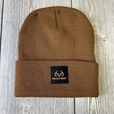 Brown Realtree Youth Patch Logo Knitted Cuffed Beanie Hat Stretchy Warm Hunting