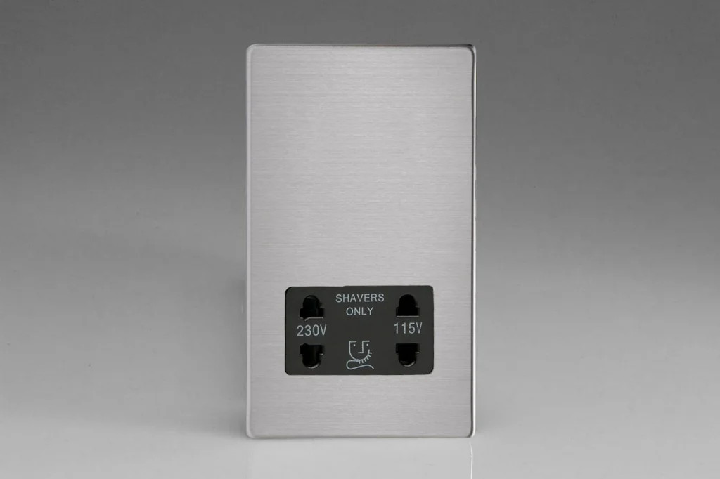 Shaver Socket Silver Screwless Brushed Steel + Black Insert Varilight XDSSSBS