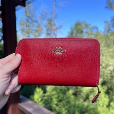 COACH Medium Zip-Around Wallet RED Crossgrain Leather w Gold Hardware AUTHENTIC