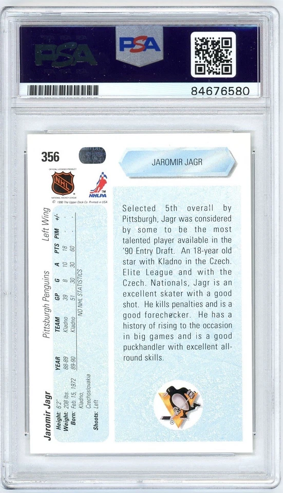 JAROMIR JAGR SIGNED 1990/91 UPPER DECK ROOKIE RC CARD #356 PSA GEM MINT 10 AUTO - Image 2 of 2