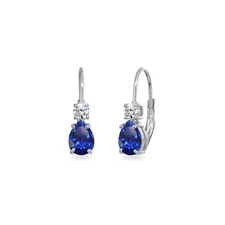 7x5mm Pear & 3mm Round Created Blue Sapphire Sterling Silver Leverback Earrings