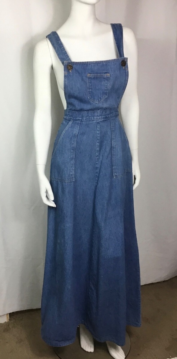 Vintage Long Denim Bib Overall Dress Casual Denim Maxi Dress Size