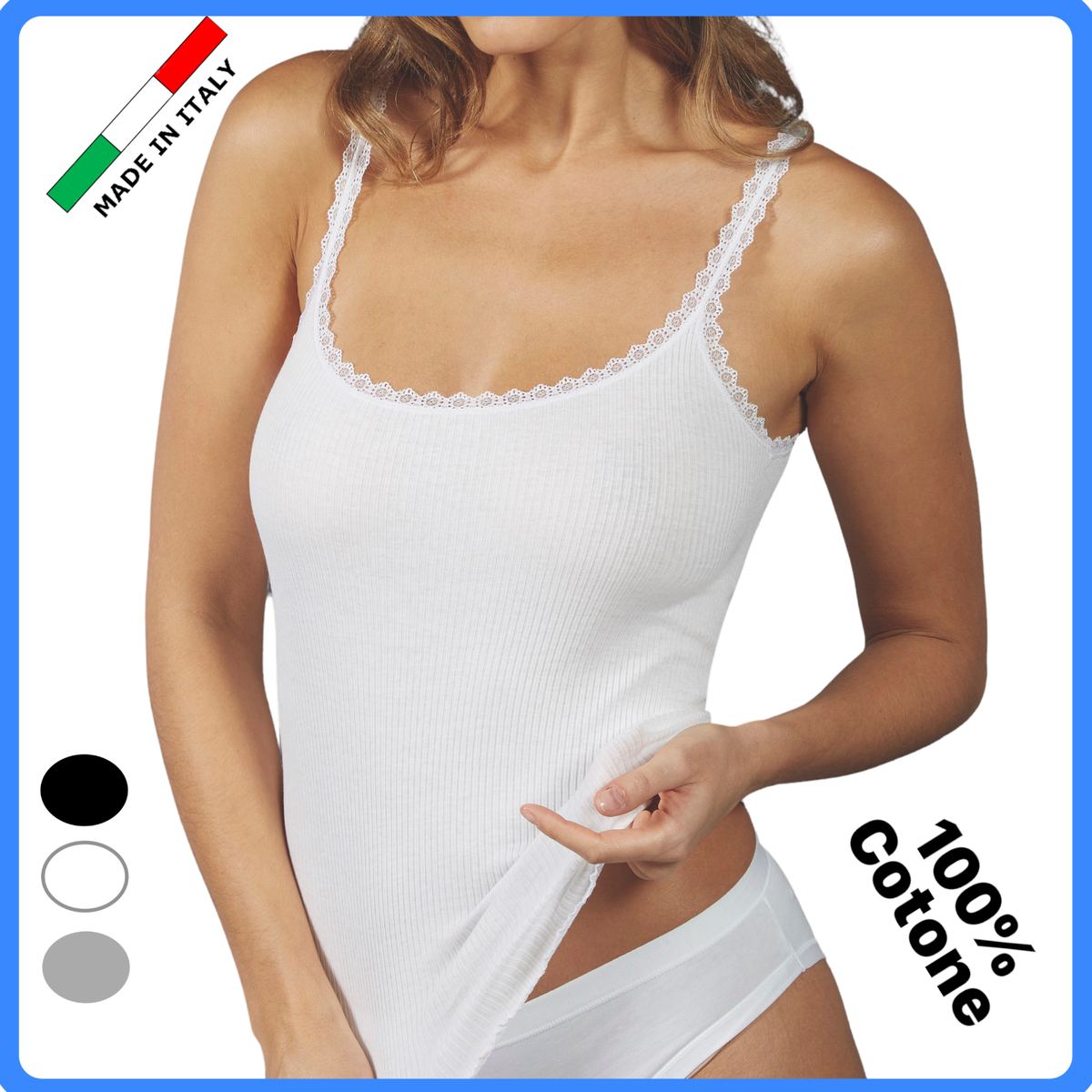Set 3 Canottiere In Cotone Pettinato Con Pizzo - Top Intimo Donna Spalla Stretta - Foto 3