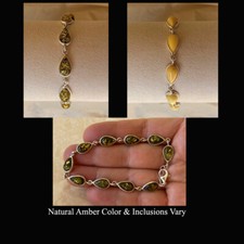 BALTIC BUTTERSCOTCH GREEN AMBER  STERLING SILVER HANDMADE LINK CHAIN BRACELET