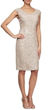 ALEX EVENINGS Cap Sleeve V Neck Sequined Dress Champagne Ivory Size 16