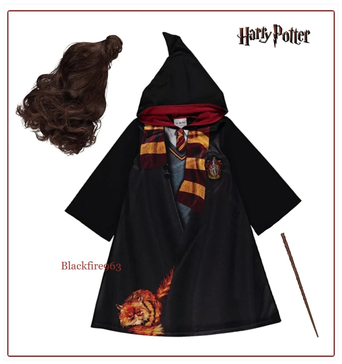 Girls Harry Potter Hermione Granger Fancy Dress Costume Robe Wand Wig  Outfit NEW