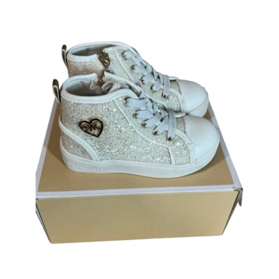 Girls Size 7 Michael Kors Jem Split Sneakers, White Glitter MK101033T NWT