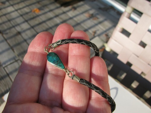 VTG.HANDMADE BOHO WIRED ELIAT & FAIENCE STONE BEADS BRAIDED LEATHER NECKLACE SET - Picture 5 of 6
